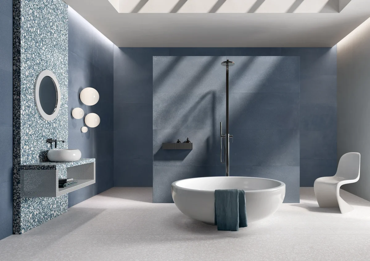 Gres Ergon MEDLEY efekt terrazzo - aranzacja w nowoczesnym salonie