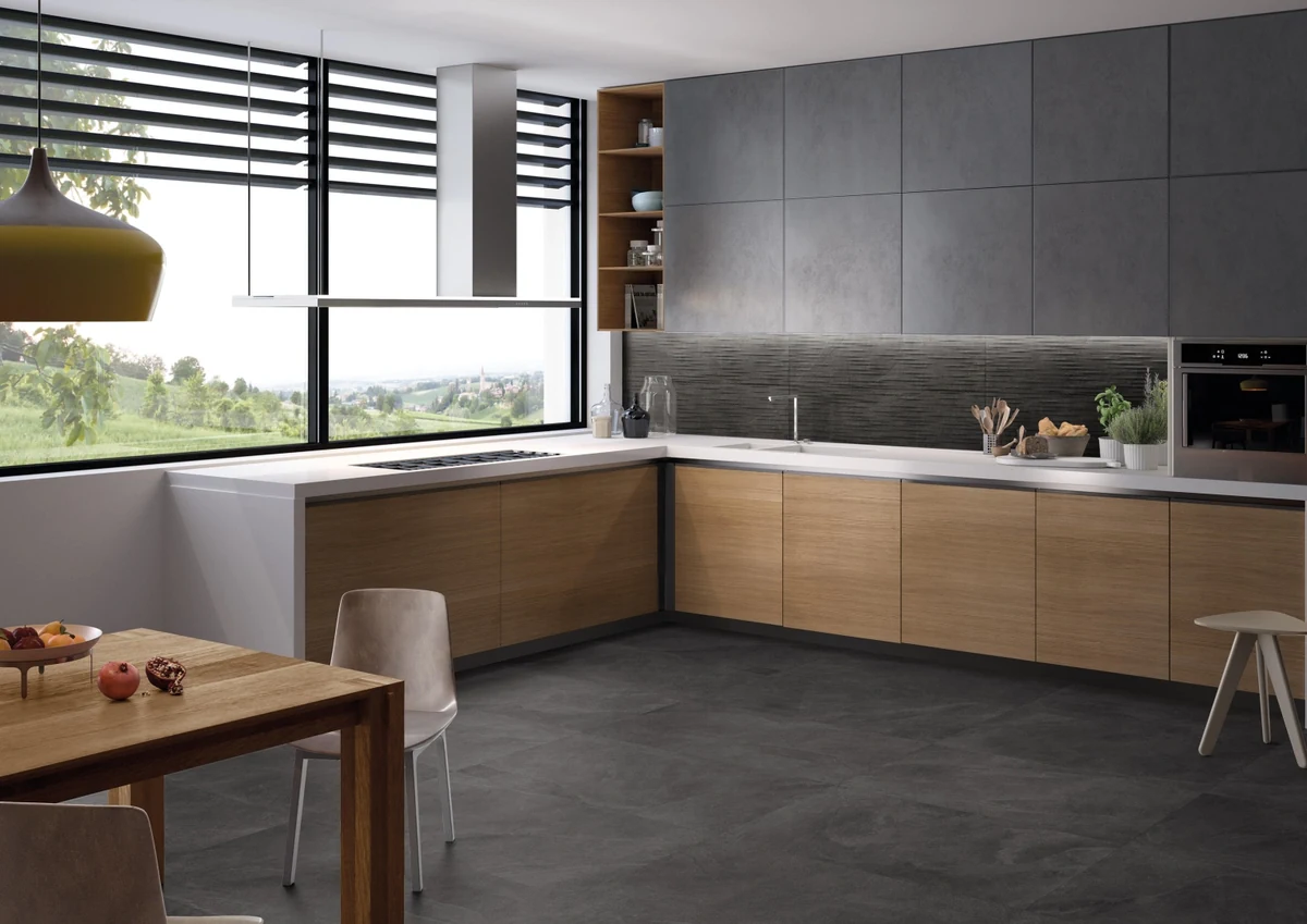 Gres Ergon CORNERSTONE efekt kamień - aranzacja w minimalistycznym wnetrzu
