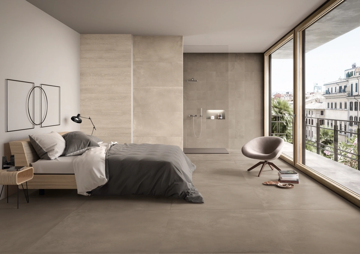 Gres Ergon TR3ND efekt beton, drewno - aranzacja w minimalistycznym wnetrzu