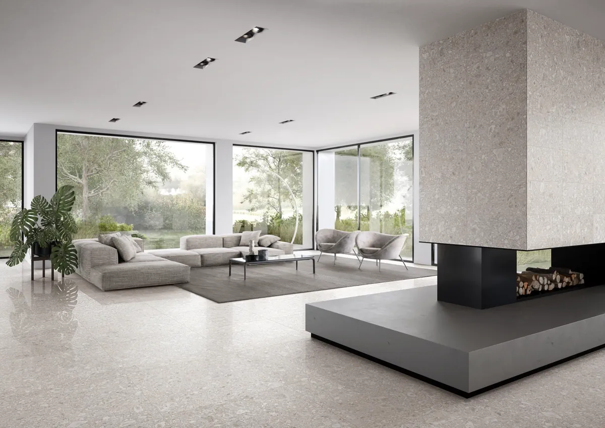 Gres Ergon LOMBARDA efekt terrazzo - aranzacja w minimalistycznym wnetrzu