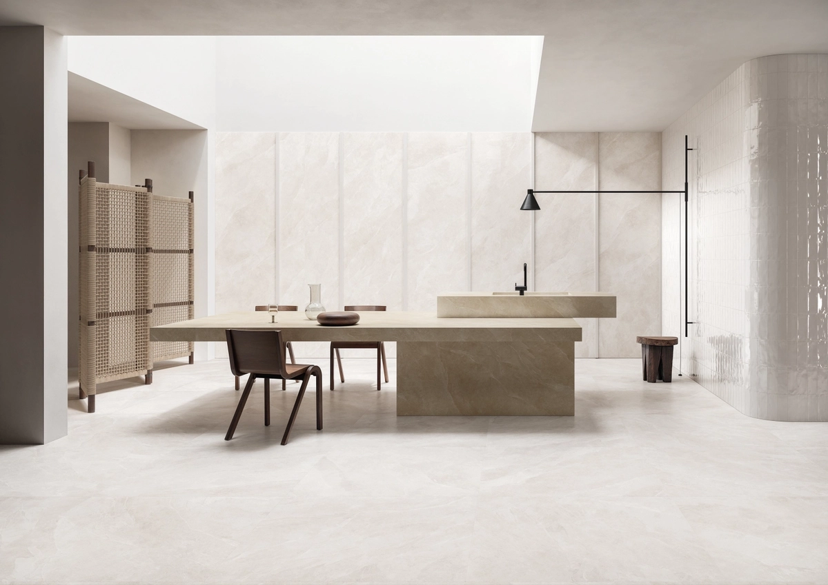 Gres Ergon CORNERSTONE EVOLUTION efekt kamień - aranzacja w minimalistycznym wnetrzu