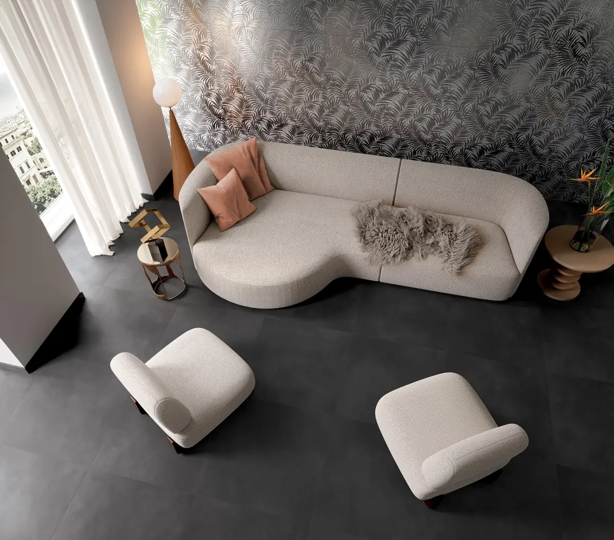 Gres Fap MILANO MOOD efekt beton, kamień - aranzacja w strefie dziennej z duzymi przeszkleniami