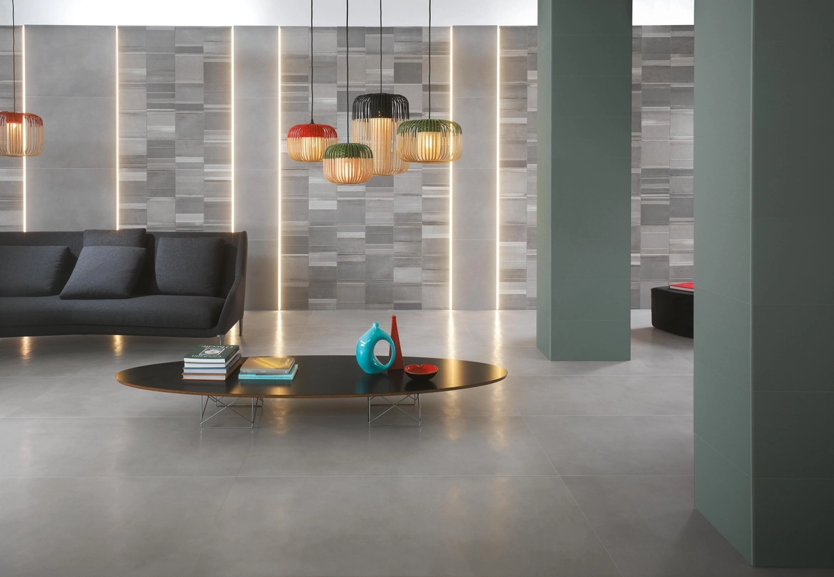 Gres Fap MILANO&FLOOR efekt beton - aranzacja w nowoczesnym salonie