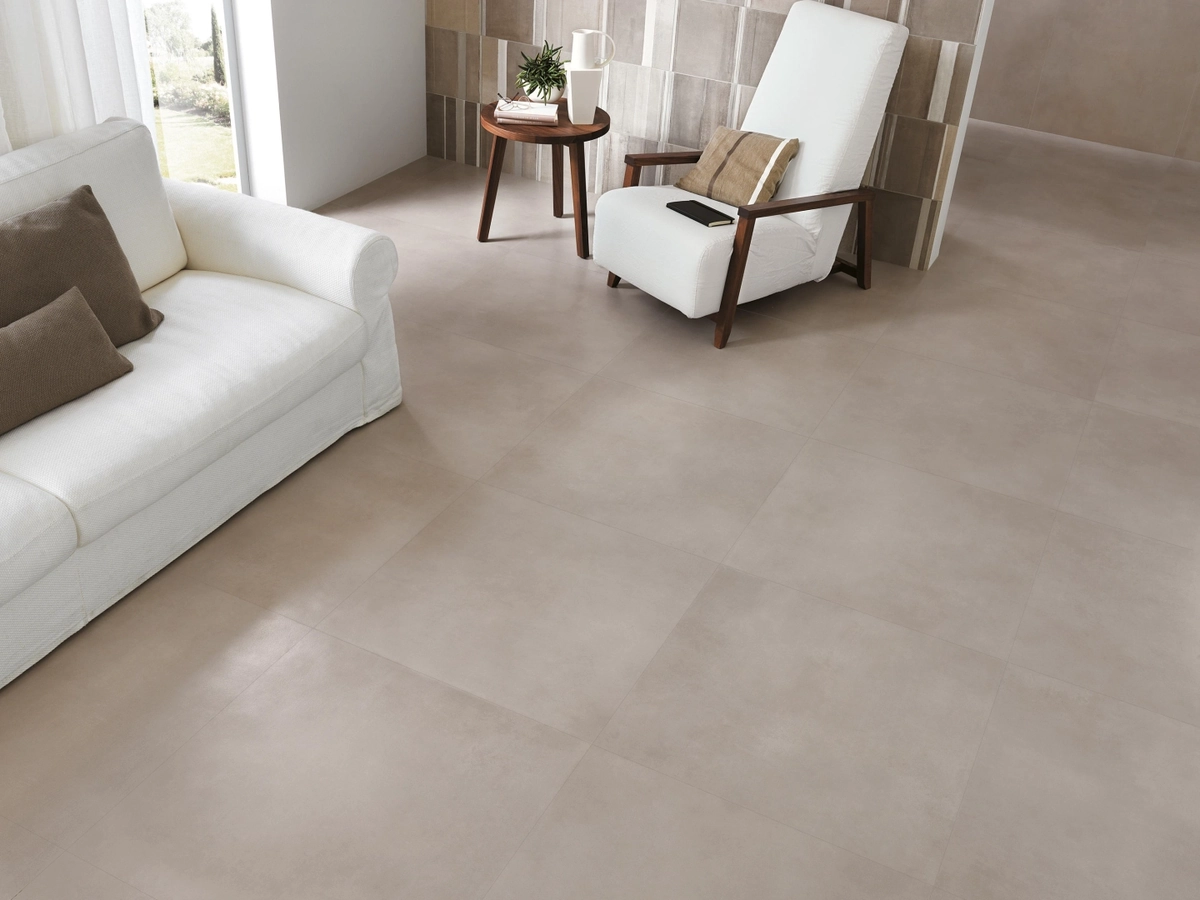 Gres Fap MILANO&FLOOR efekt beton - aranzacja w przy kominku