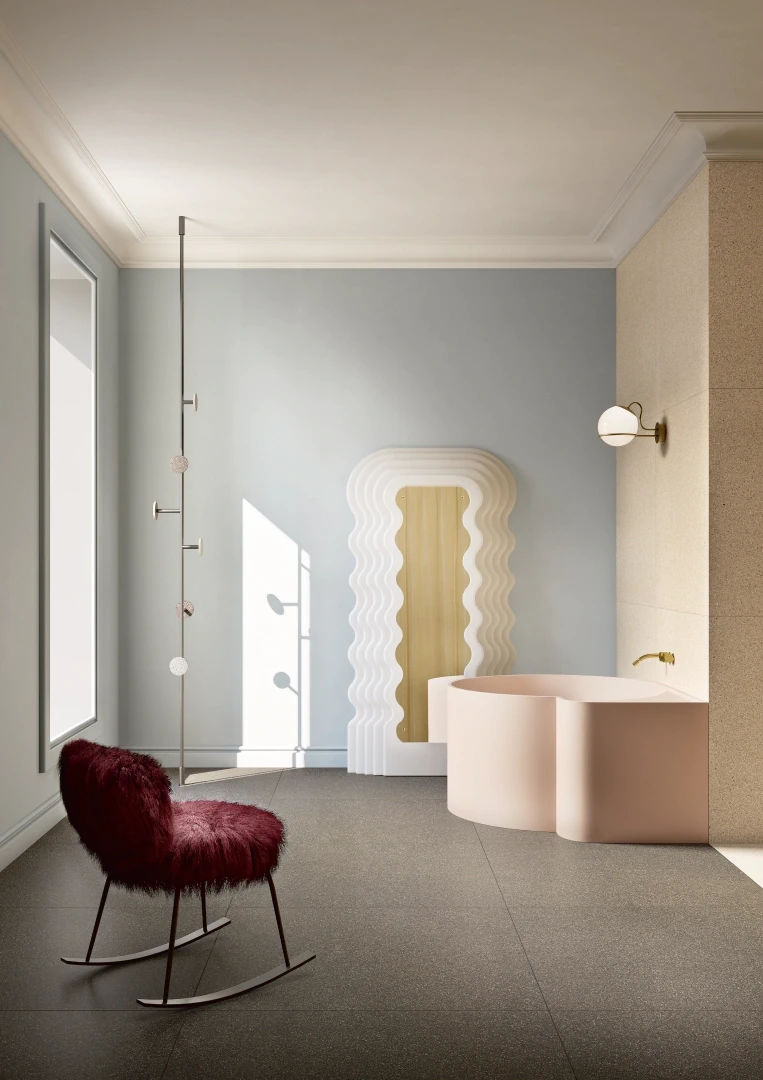 Gres Graniti Fiandre IL VENEZIANO efekt terrazzo - aranzacja w minimalistycznym wnetrzu