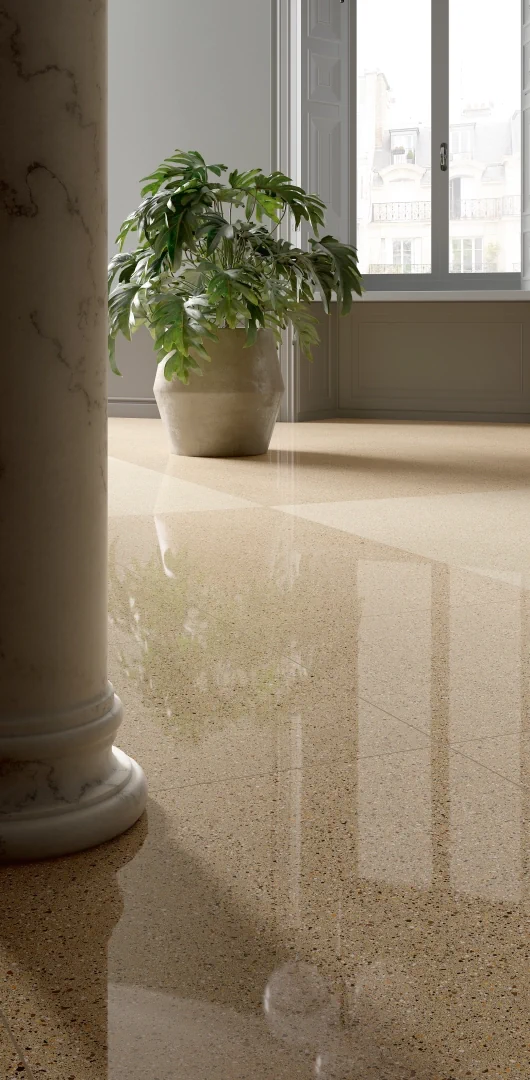 Gres Graniti Fiandre IL VENEZIANO efekt terrazzo - aranzacja w minimalistycznym wnetrzu