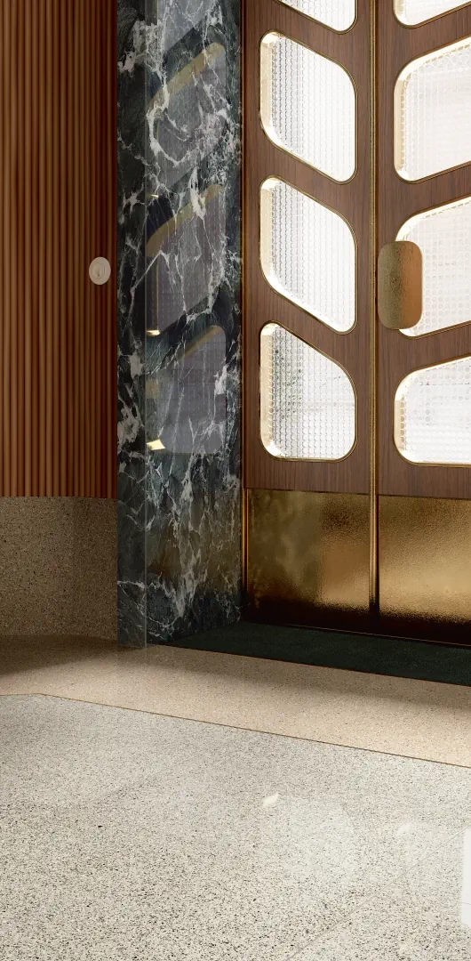 Gres Graniti Fiandre IL VENEZIANO efekt terrazzo - aranzacja w przestronnym holu