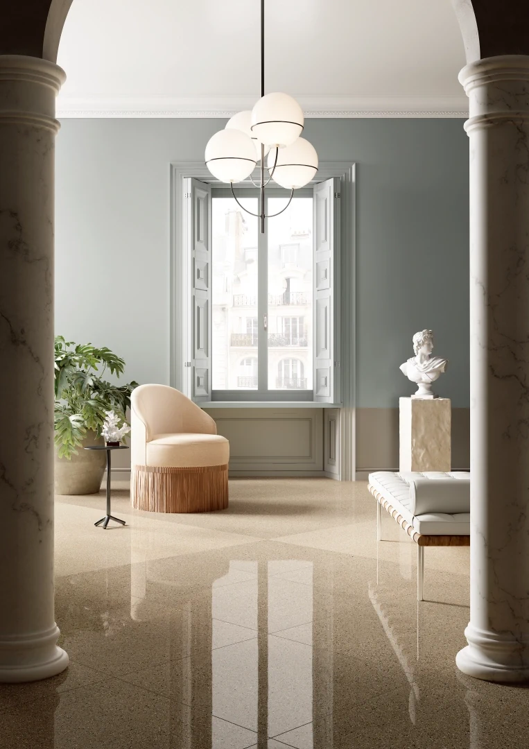 Gres Graniti Fiandre IL VENEZIANO efekt terrazzo - aranzacja w elewacji domu