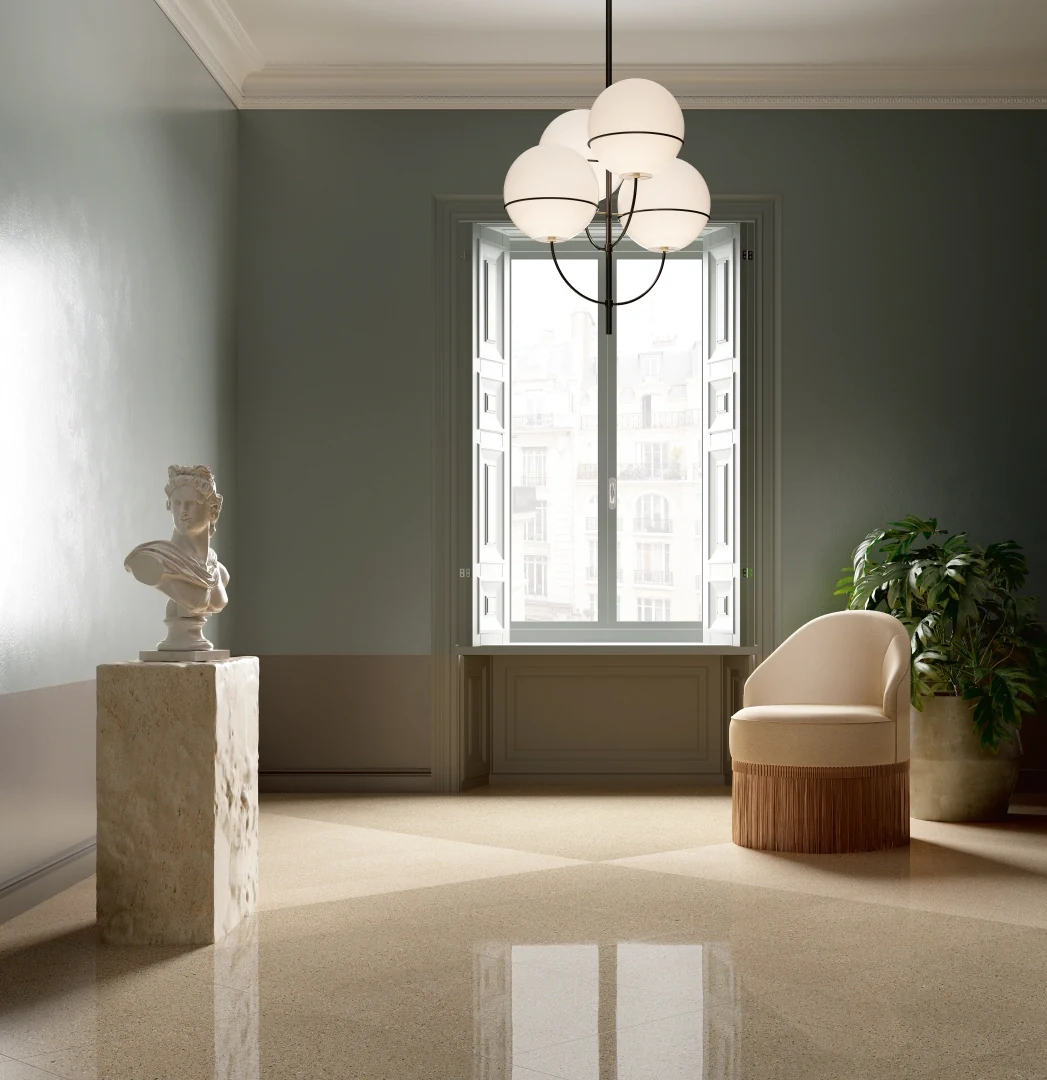 Gres Graniti Fiandre IL VENEZIANO efekt terrazzo - aranzacja w strefie dziennej z duzymi przeszkleniami