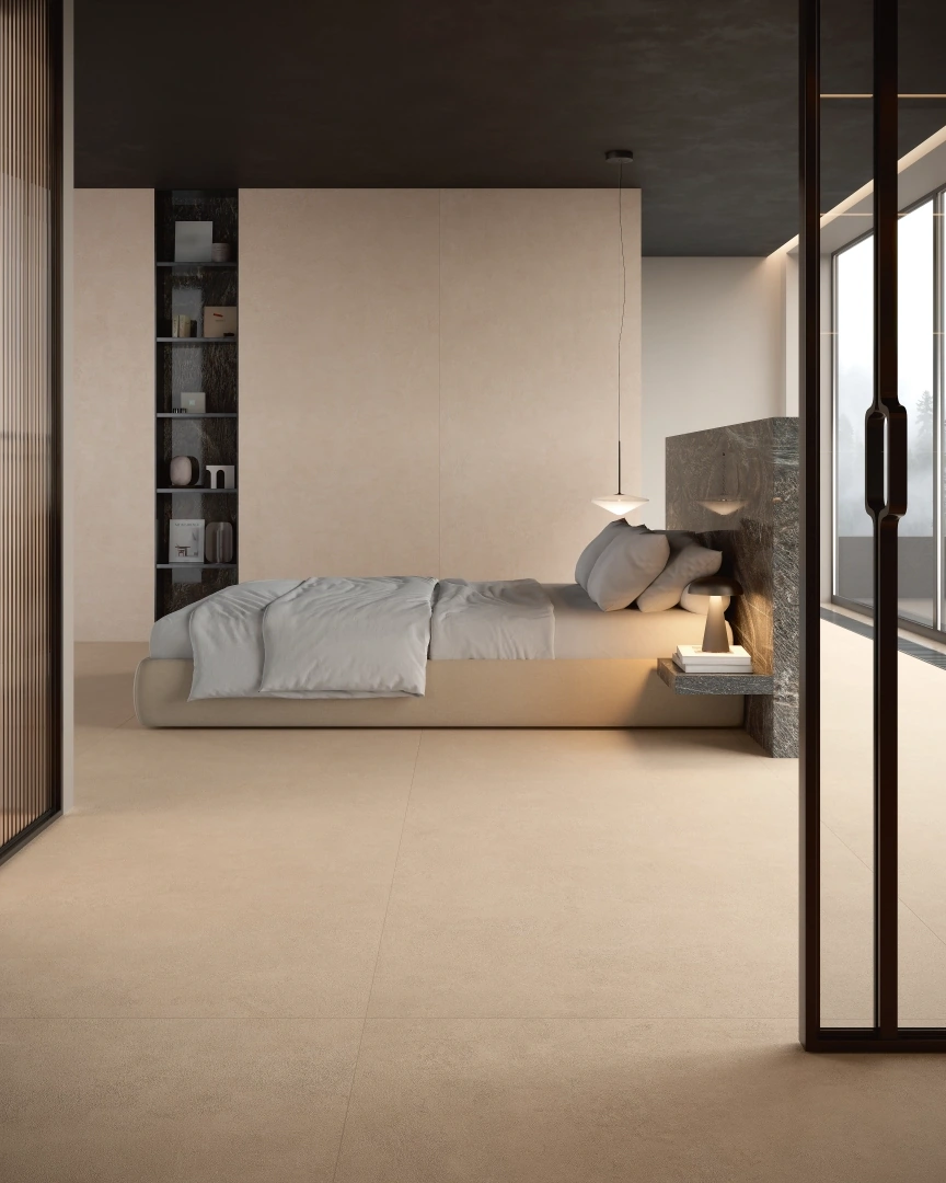 Gres Graniti Fiandre BALANCE efekt beton - aranzacja w przestronnym holu