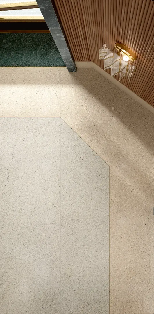 Gres Graniti Fiandre IL VENEZIANO efekt terrazzo - aranzacja w strefie dziennej z duzymi przeszkleniami