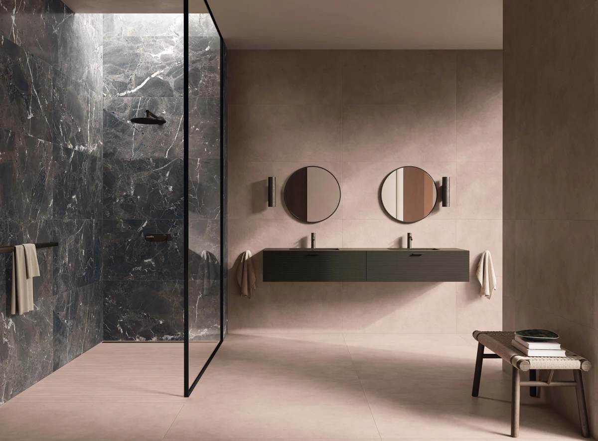 Gres Flaviker PALETTE efekt beton - aranzacja w strefie dziennej z duzymi przeszkleniami