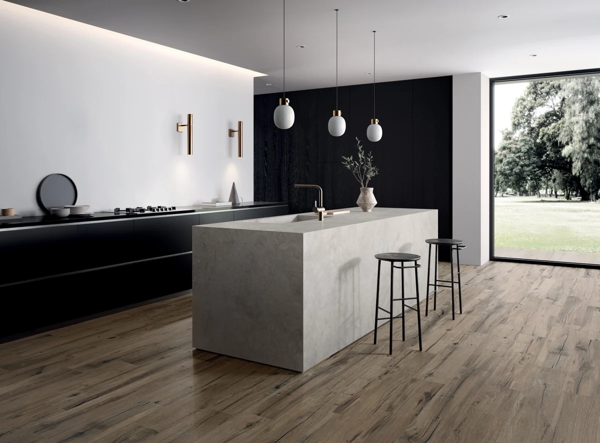 Gres Flaviker NORDIK WOOD efekt drewno - aranzacja w minimalistycznym wnetrzu