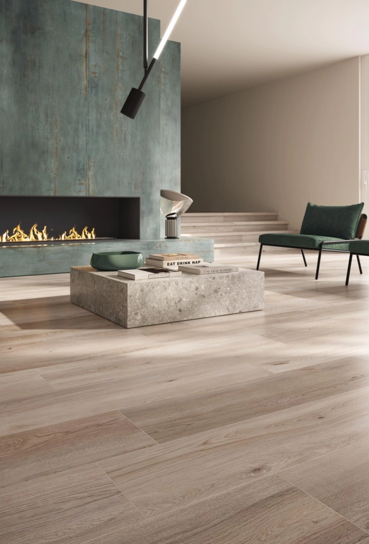 Gres Flaviker FOUR SEASONS efekt drewno - aranzacja w nowoczesnym salonie