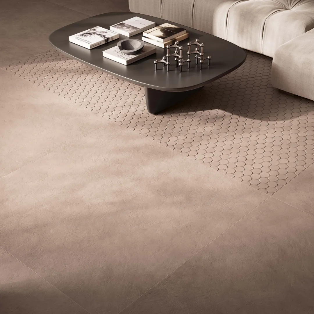Gres Flaviker PALETTE efekt beton - aranzacja w przy kominku