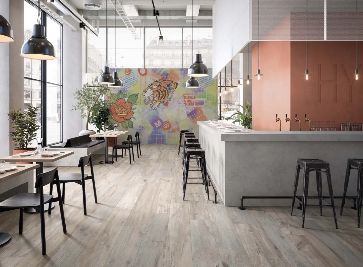Gres Flaviker HYPER efekt beton - aranzacja w nowoczesnym salonie