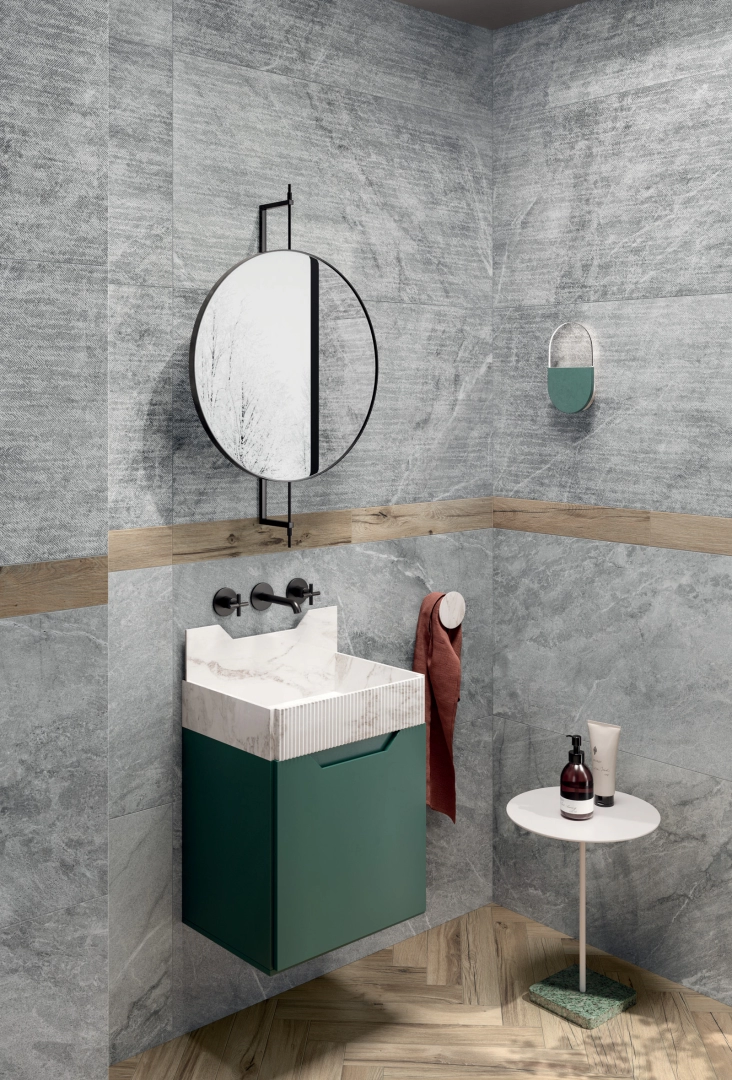 Gres Flaviker BLUE SAVOY efekt kamień - aranzacja w minimalistycznym wnetrzu