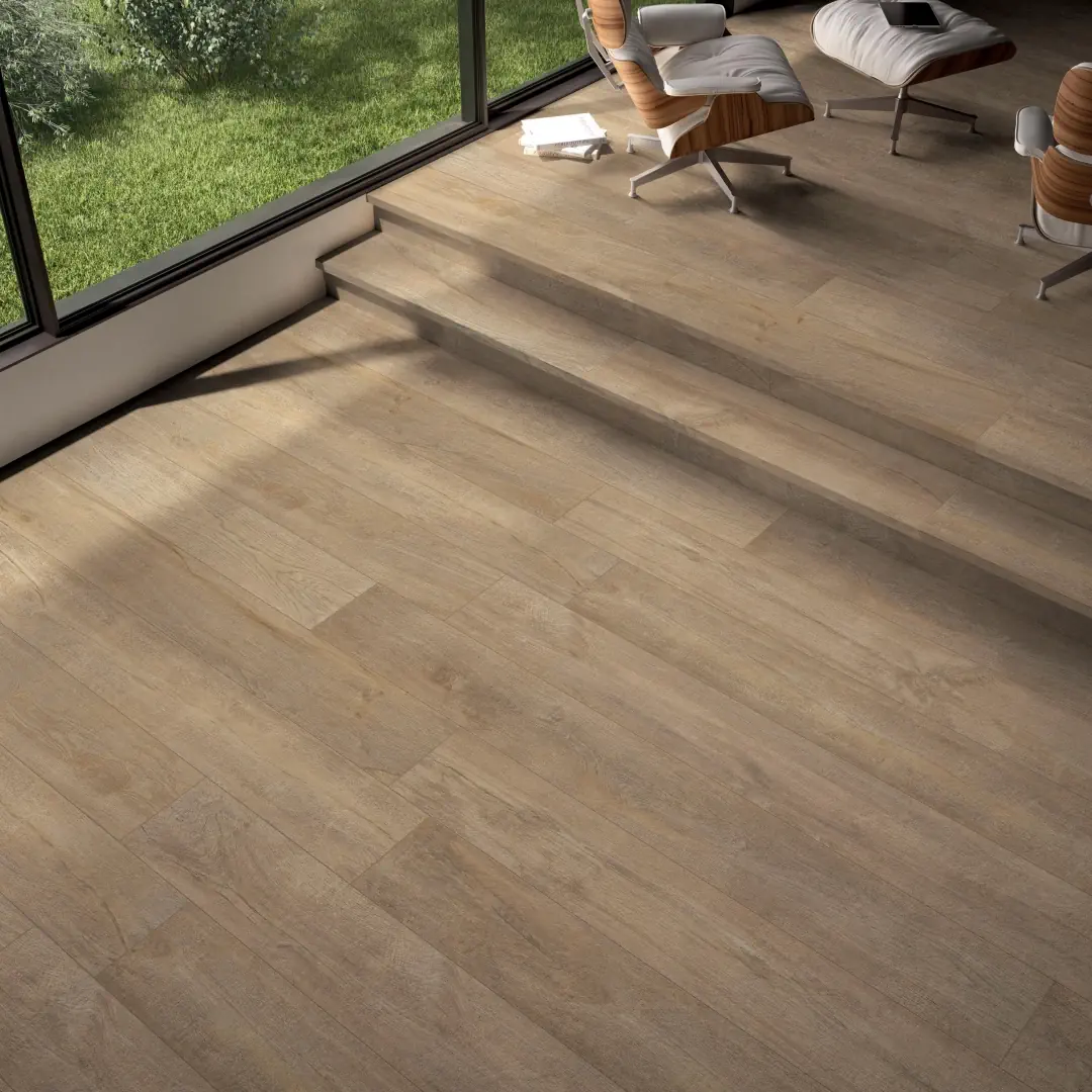 Gres Flaviker COZY efekt drewno - aranzacja w nowoczesnym salonie