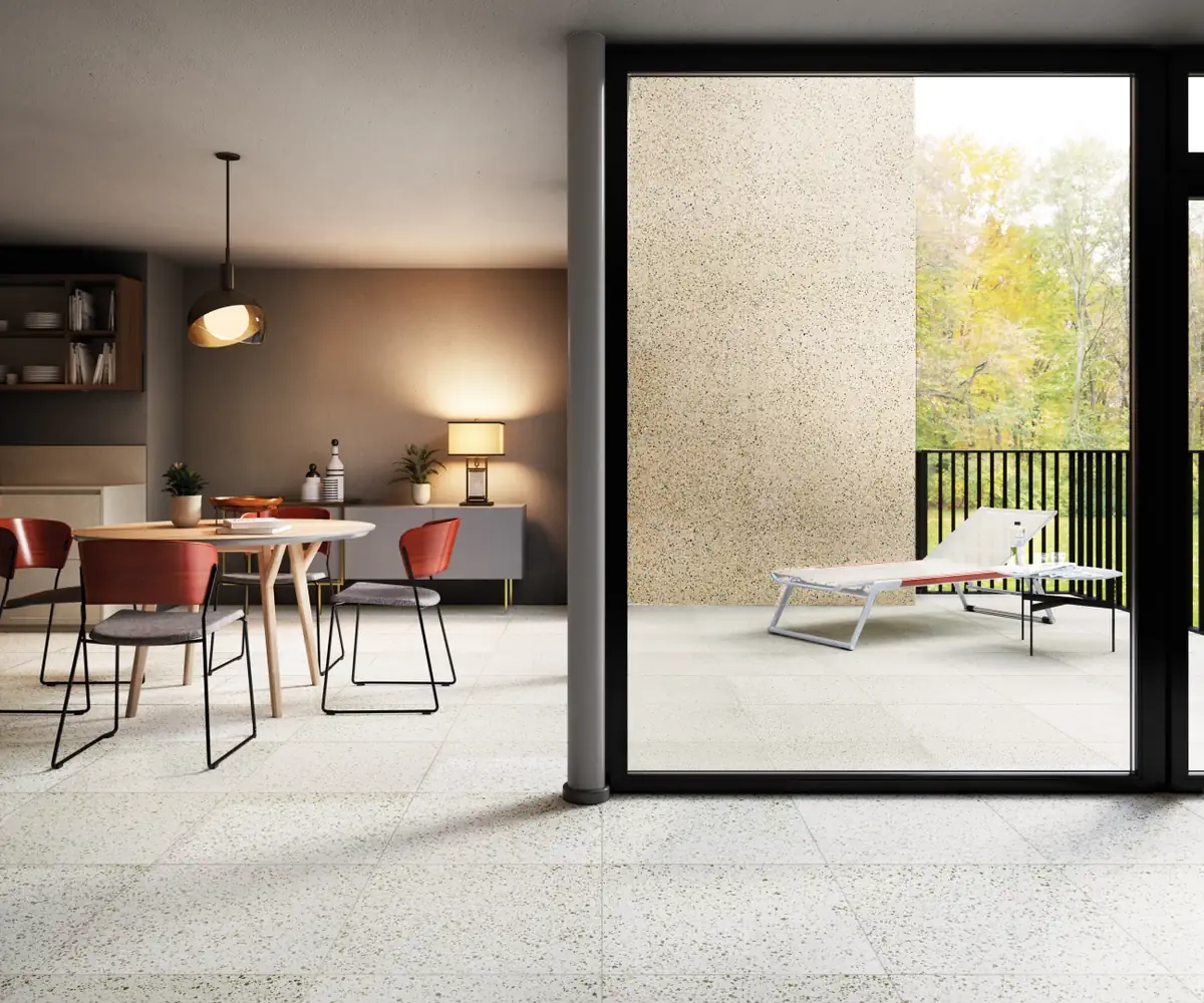Gres Fmg RIALTO efekt terrazzo - aranzacja w nowoczesnym salonie
