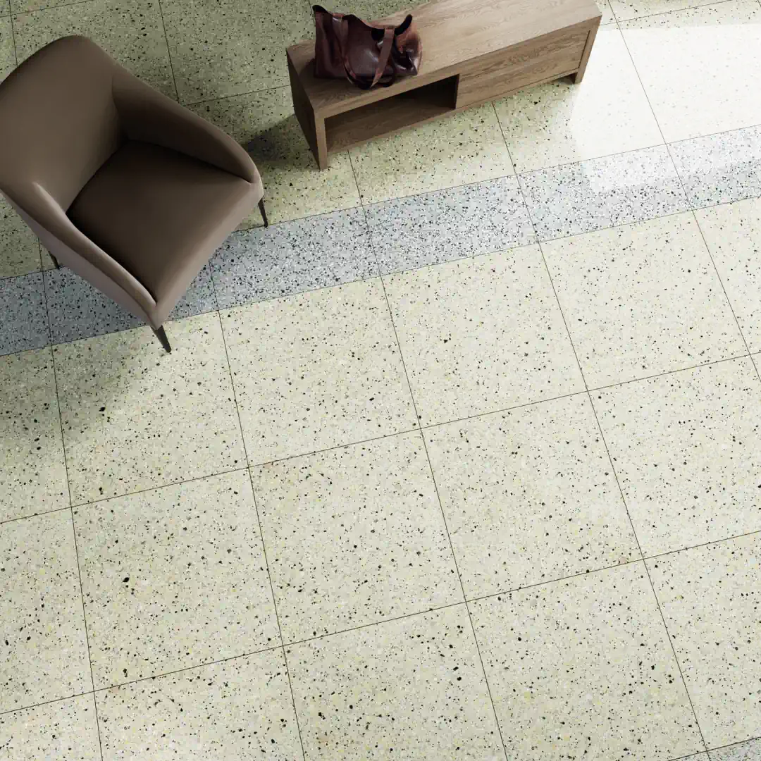 Gres Fmg RIALTO efekt terrazzo - aranzacja w przy kominku
