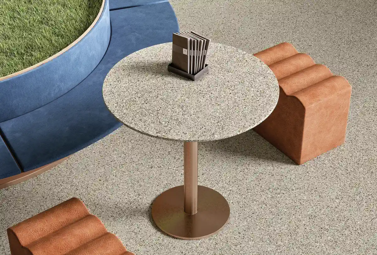 Gres Fmg PALLADIO efekt terrazzo - aranzacja w minimalistycznym wnetrzu