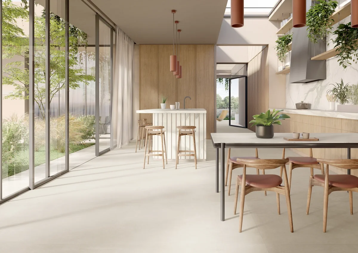 Gres Fmg URBAN ACTIVE efekt beton - aranzacja w przestronnym holu