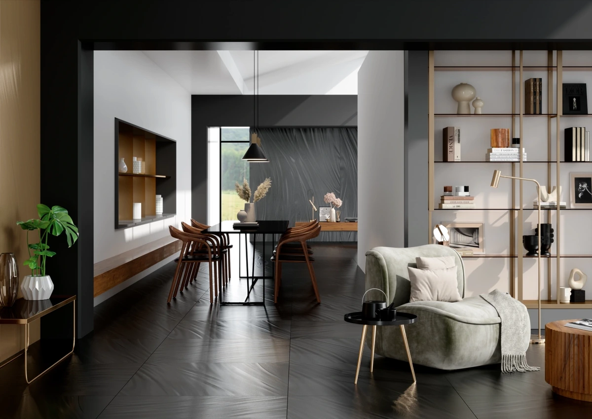 Gres Fmg LUCE efekt metal - aranzacja w przy kominku
