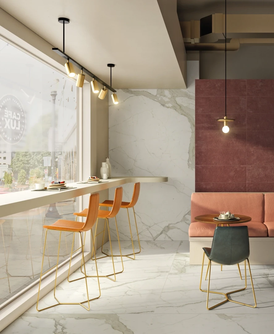 Gres Fmg MARBLE ACTIVE efekt marmur - aranzacja w strefie dziennej z duzymi przeszkleniami