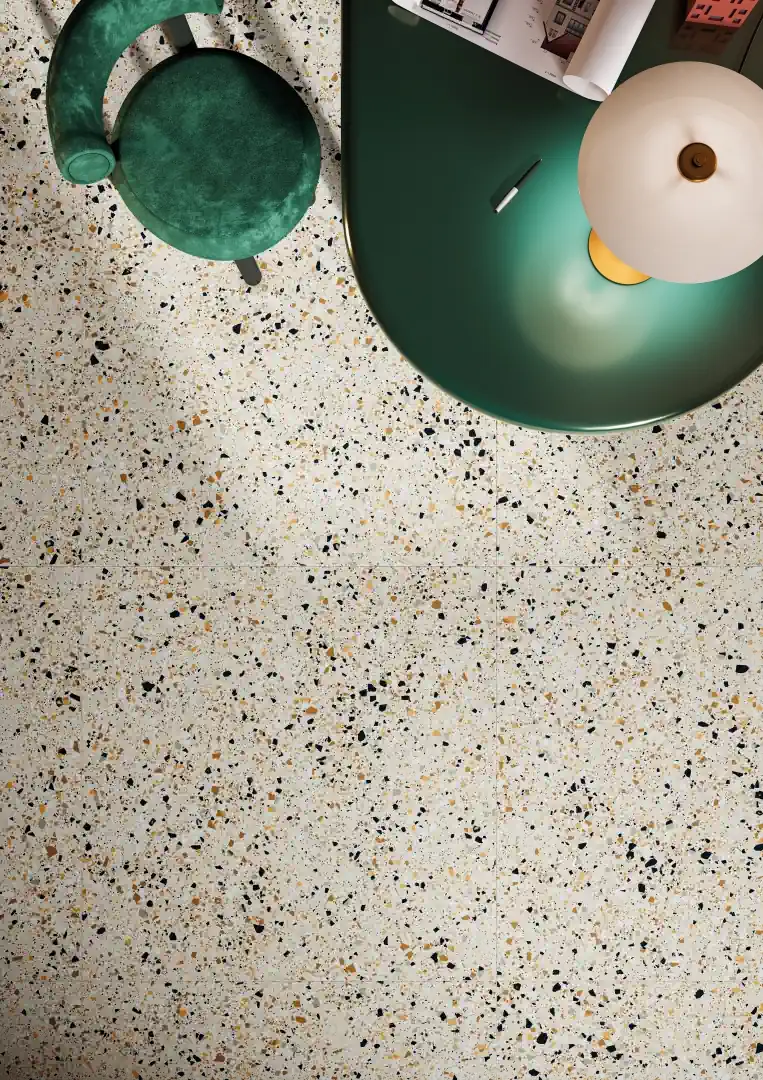 Gres Fmg RIALTO efekt terrazzo - aranzacja w strefie dziennej z duzymi przeszkleniami