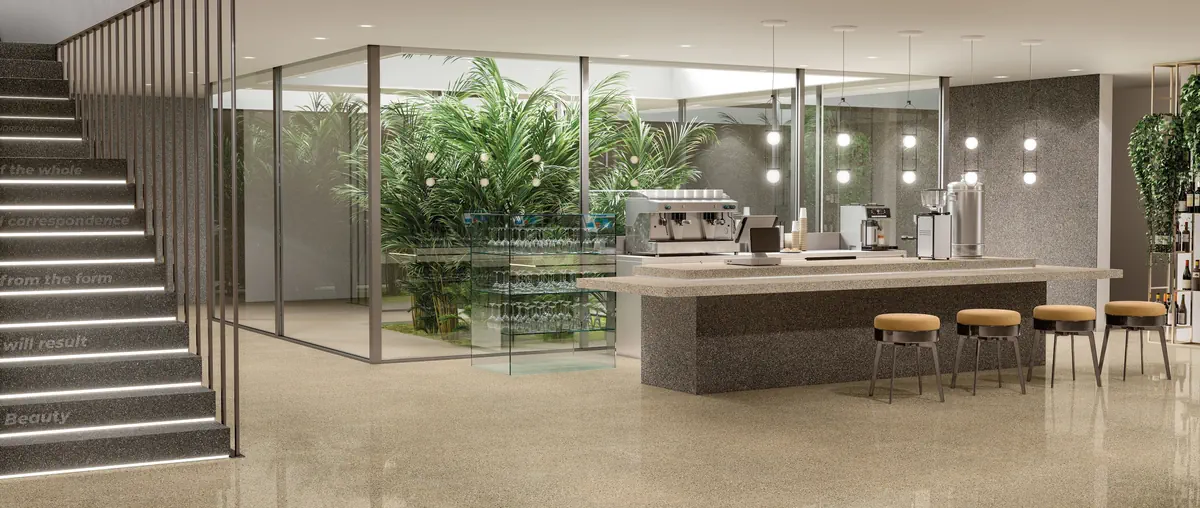 Gres Fmg PALLADIO efekt terrazzo - aranzacja w przestronnym holu