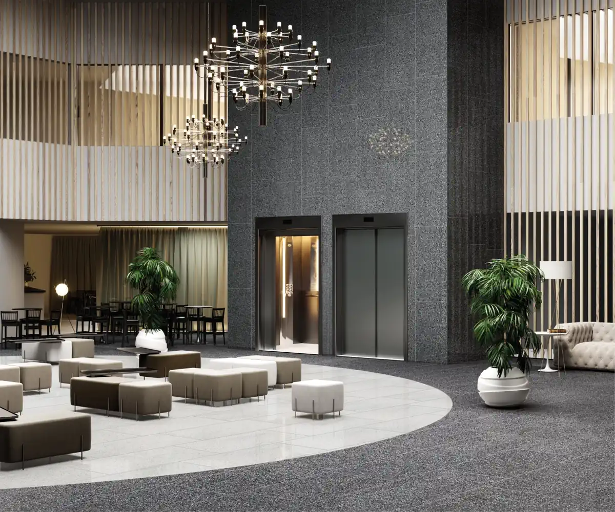 Gres Fmg RIALTO efekt terrazzo - aranzacja w przestronnym holu