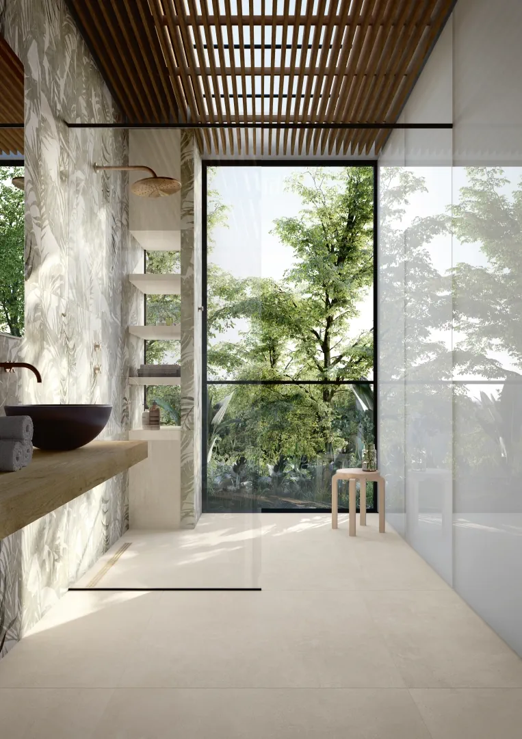 Gres Fmg URBAN ACTIVE efekt beton - aranzacja w przestronnym holu