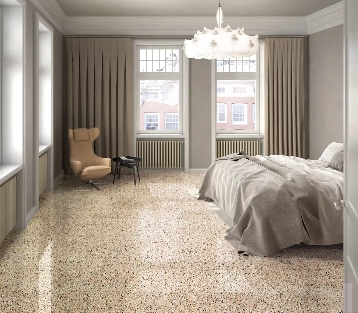 Gres Fmg RIALTO efekt terrazzo - aranzacja w strefie dziennej z duzymi przeszkleniami
