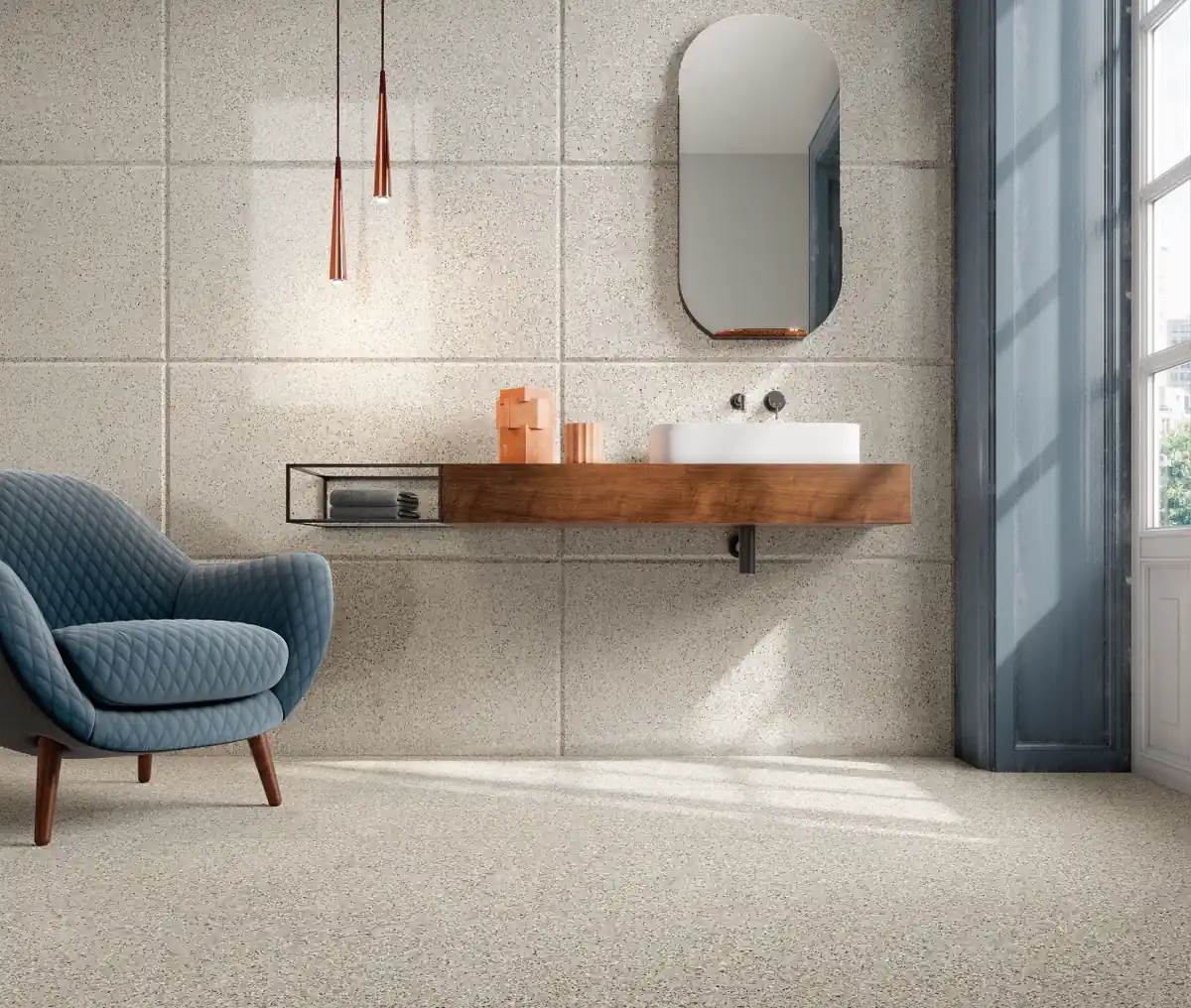 Gres Fmg PALLADIO efekt terrazzo - aranzacja w strefie dziennej z duzymi przeszkleniami