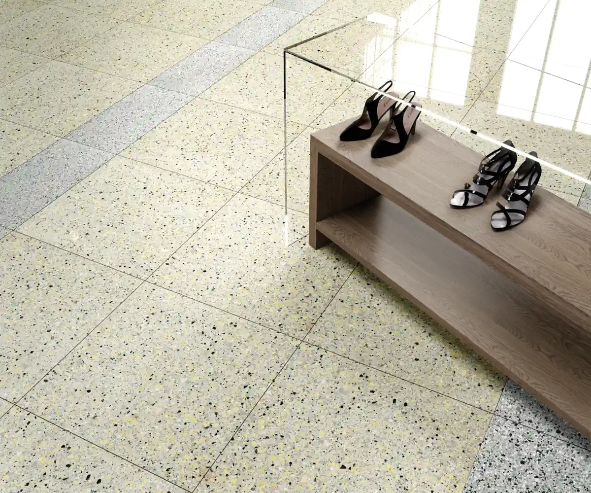 Gres Fmg RIALTO efekt terrazzo - aranzacja w przy kominku