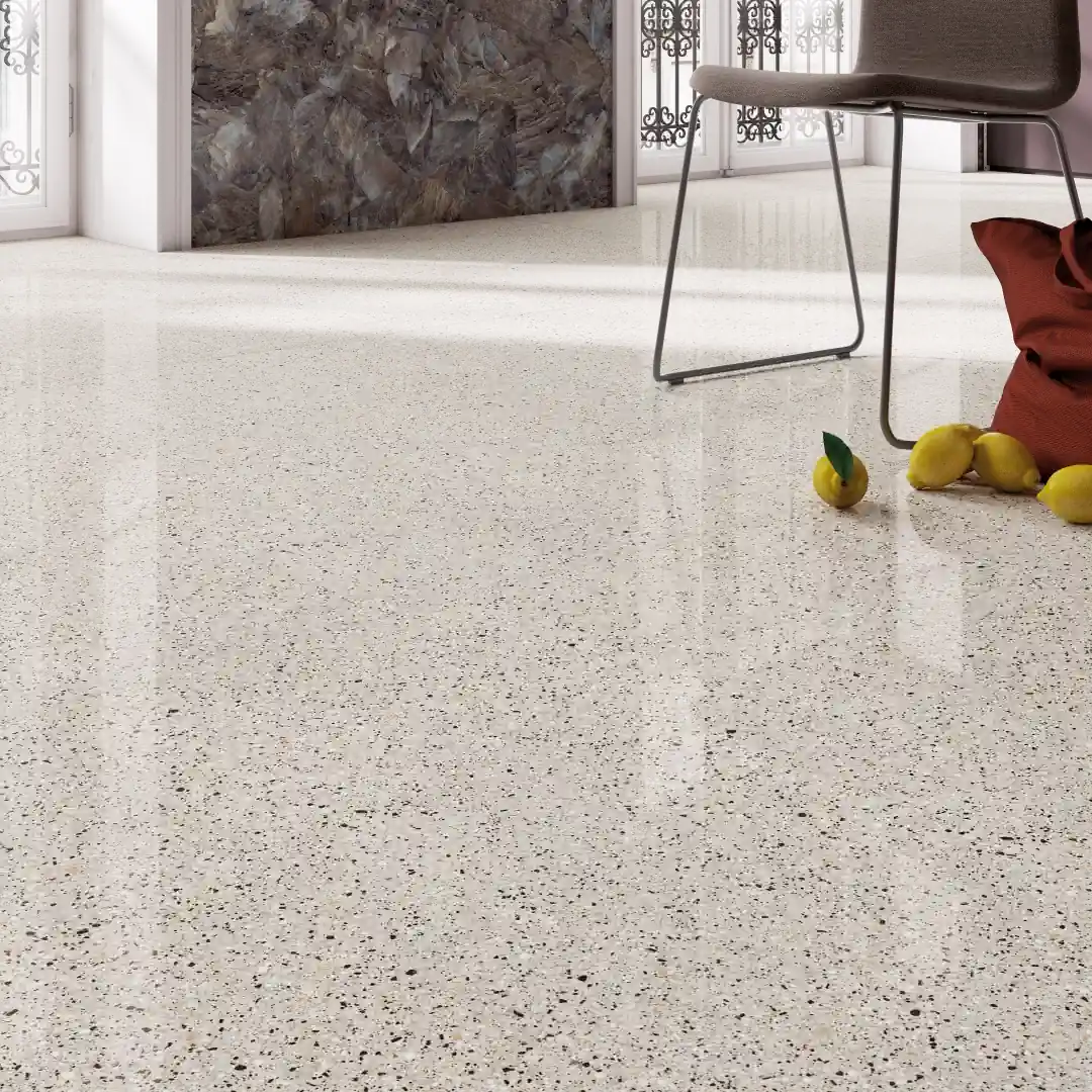 Gres Fmg PALLADIO efekt terrazzo - aranzacja w strefie dziennej z duzymi przeszkleniami