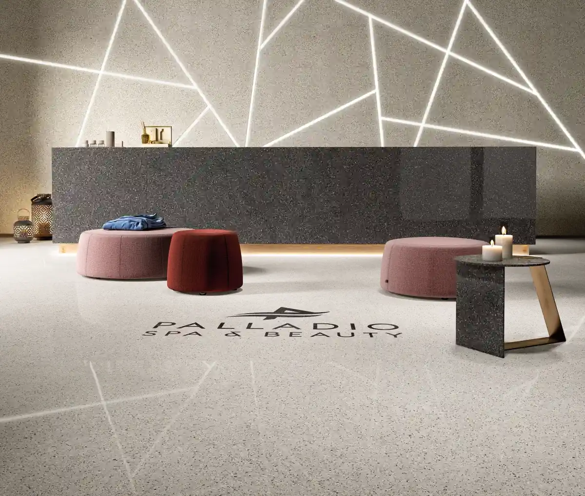 Gres Fmg PALLADIO efekt terrazzo - aranzacja w przestronnym holu