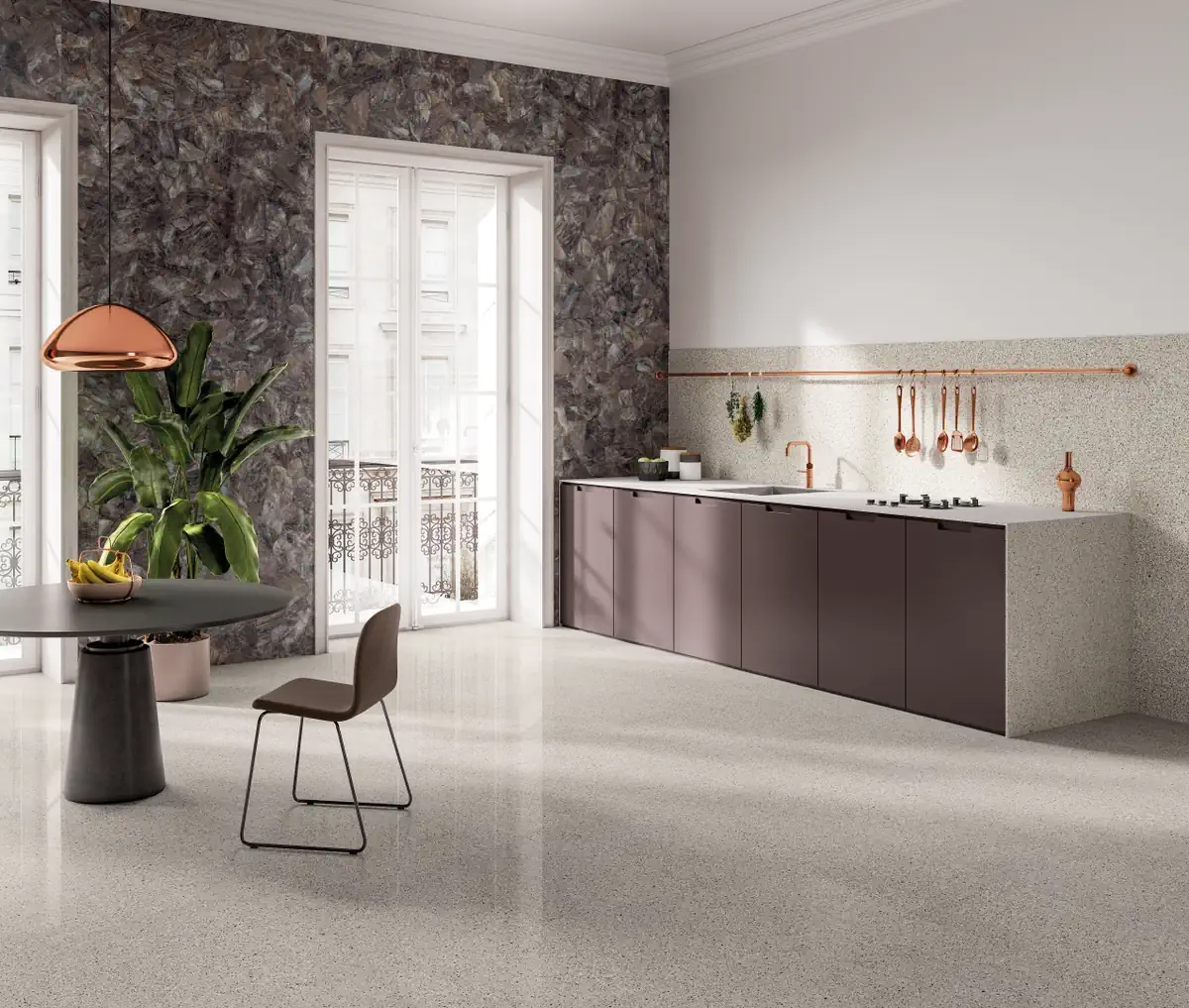Gres Fmg PALLADIO efekt terrazzo - aranzacja w nowoczesnym salonie