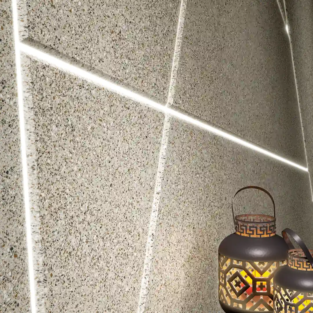 Gres Fmg PALLADIO efekt terrazzo - aranzacja w nowoczesnym salonie