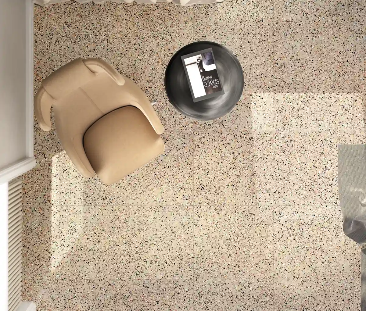 Gres Fmg RIALTO efekt terrazzo - aranzacja w minimalistycznym wnetrzu