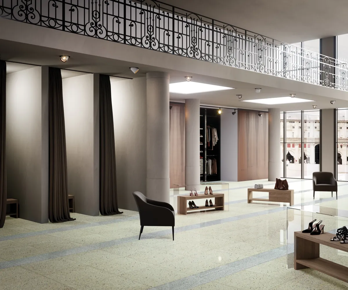 Gres Fmg RIALTO efekt terrazzo - aranzacja w nowoczesnym salonie
