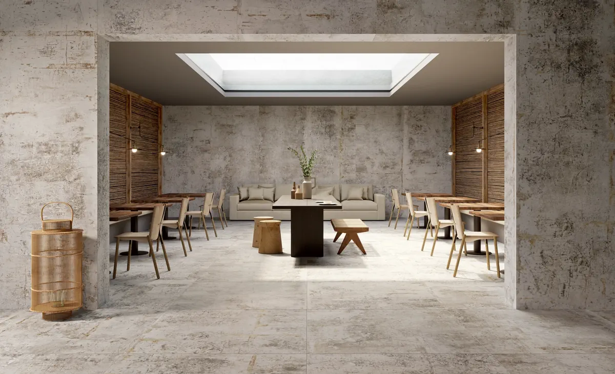 Gres Fondovalle URBAN CRAFT efekt kamień - aranzacja w przestronnym holu