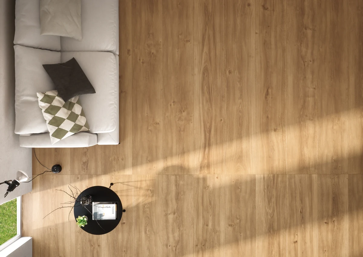 Gres Fondovalle KOMI efekt drewno, - aranzacja w minimalistycznym wnetrzu