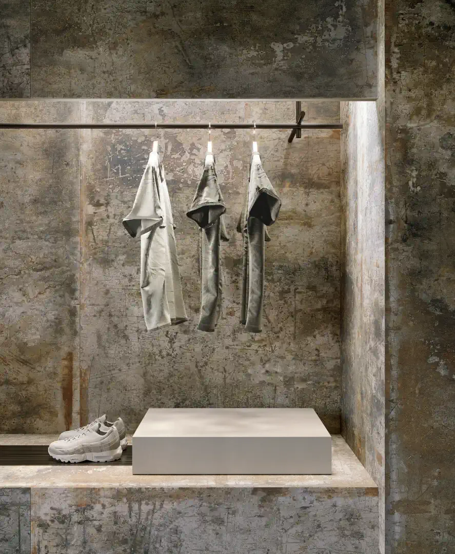 Gres Fondovalle URBAN CRAFT efekt kamień - aranzacja w przy kominku