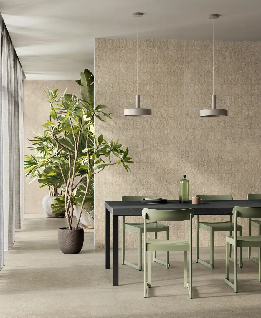 Gres Fondovalle BACKGROUND efekt beton - aranzacja w przestronnym holu