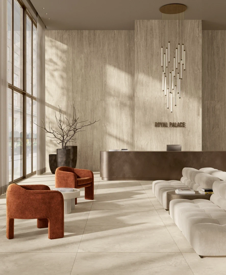 Gres Fondovalle ROYAL TRAVERTINO efekt marmur, - aranzacja w eleganckiej lazience
