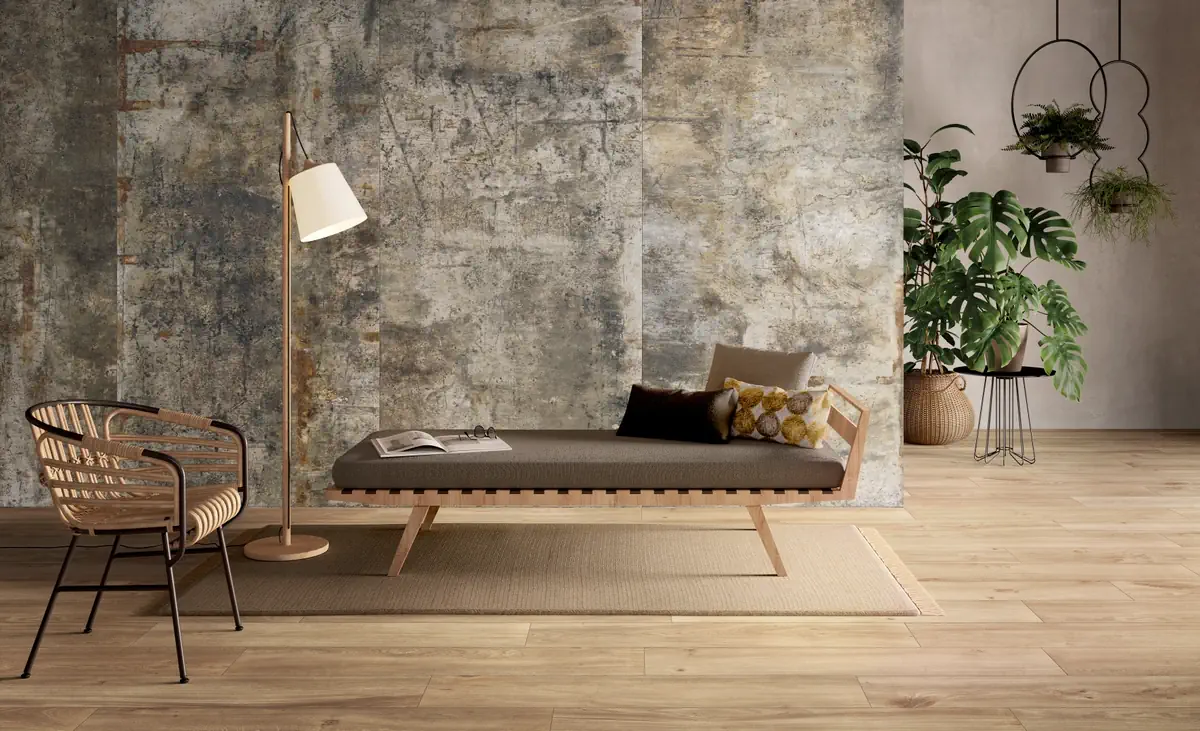 Gres Fondovalle URBAN CRAFT efekt kamień - aranzacja w strefie dziennej z duzymi przeszkleniami