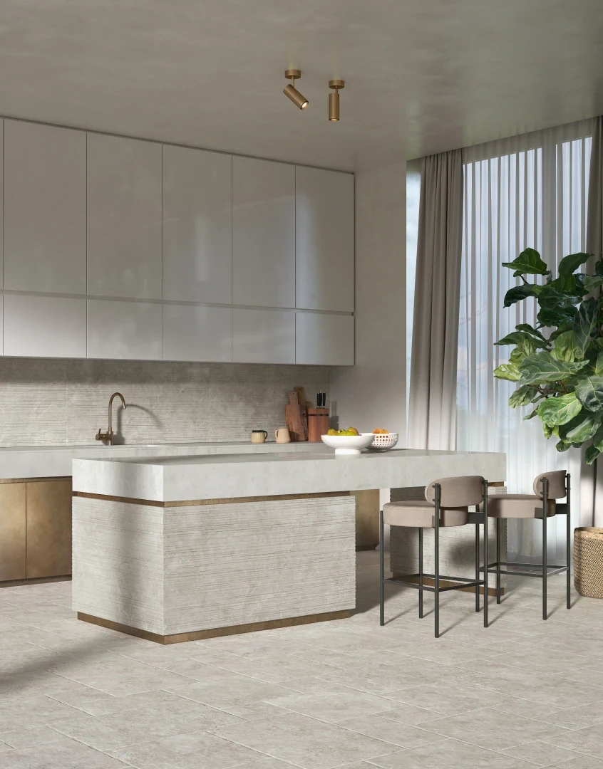 Gres Fondovalle ROYAL TRAVERTINO efekt marmur, - aranzacja w minimalistycznym wnetrzu