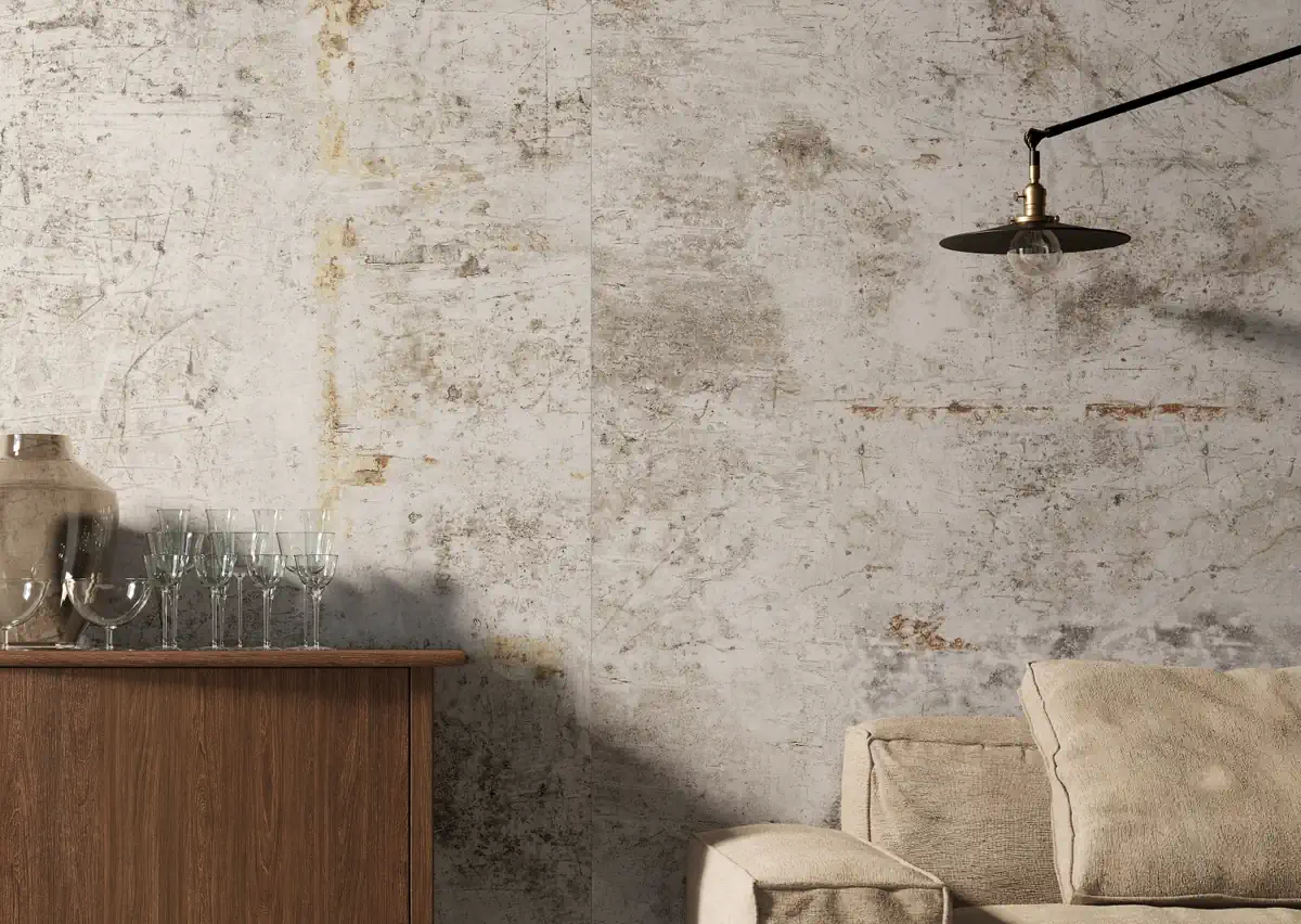 Gres Fondovalle URBAN CRAFT efekt kamień - aranzacja w strefie dziennej z duzymi przeszkleniami