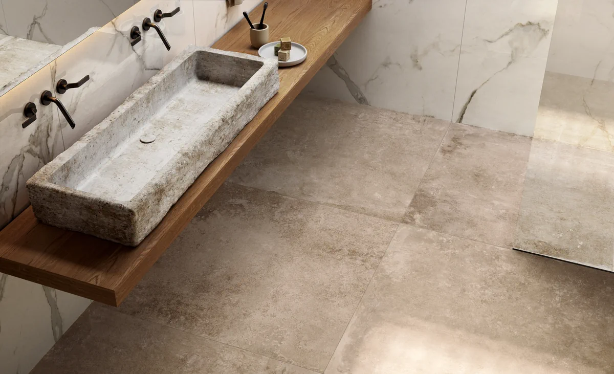 Gres Fondovalle REFRAME efekt beton - aranzacja w eleganckiej lazience